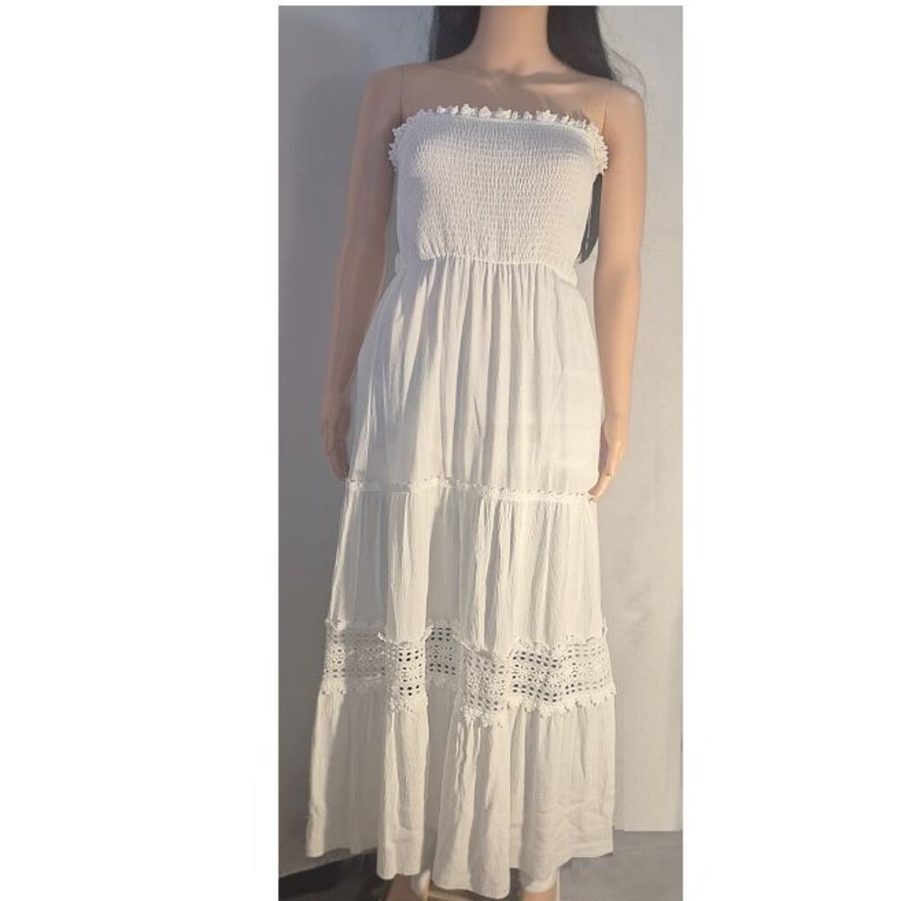 SIMPLEE MAXI peasant dress, white with lace, strapless, in size small
